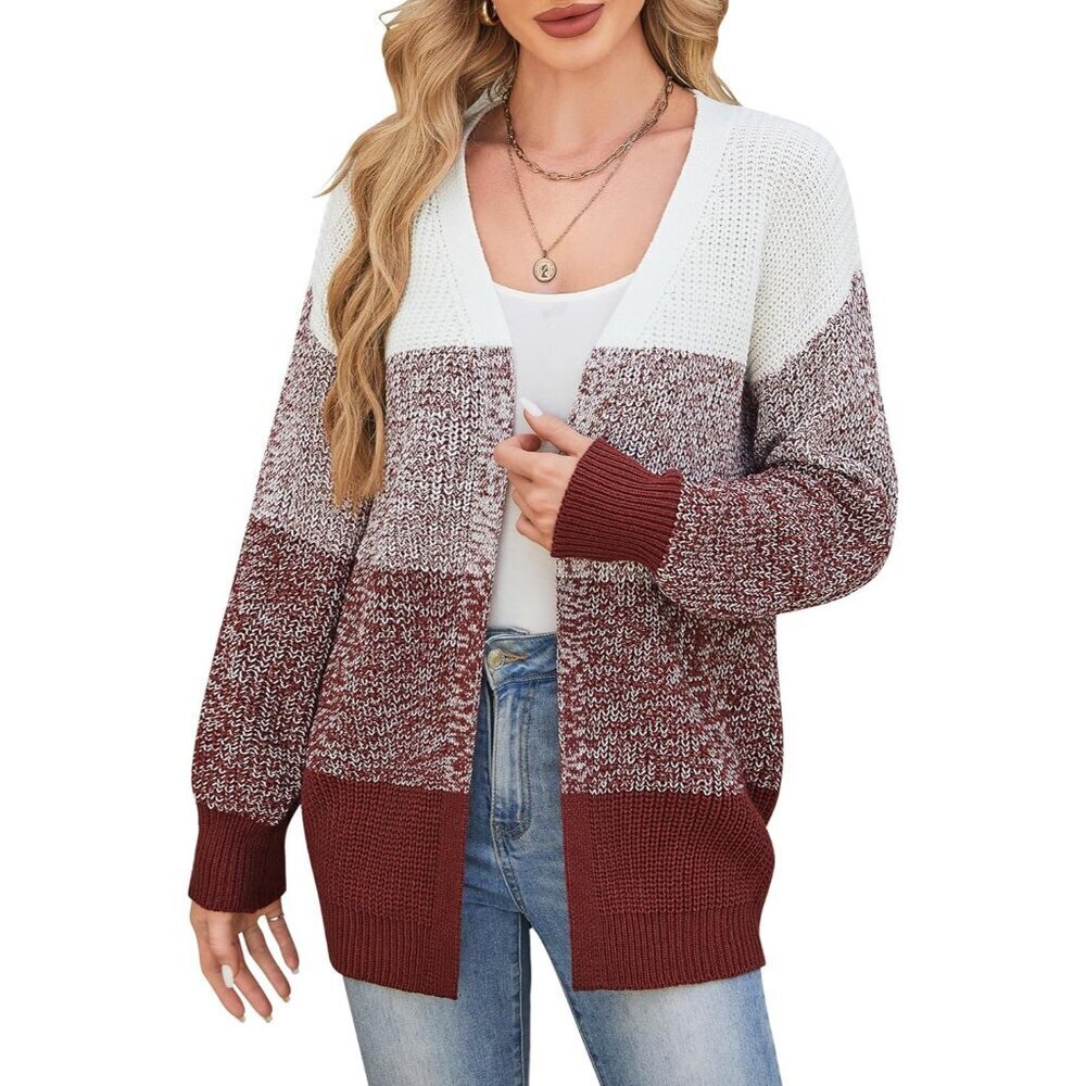 Women's Oversized Color Block Knit Cardigan Soft Acrylic Fall Sweater
